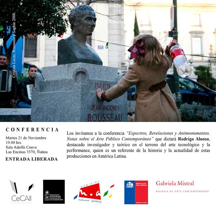 La conferencia de Rodrigo Alonso tendrá lugar este martes 21 de noviembre a las 19:00 horas en la Sala Adolfo Couve, Departamento de Artes Visuales de la Universidad de Chile. La entrada es liberada.