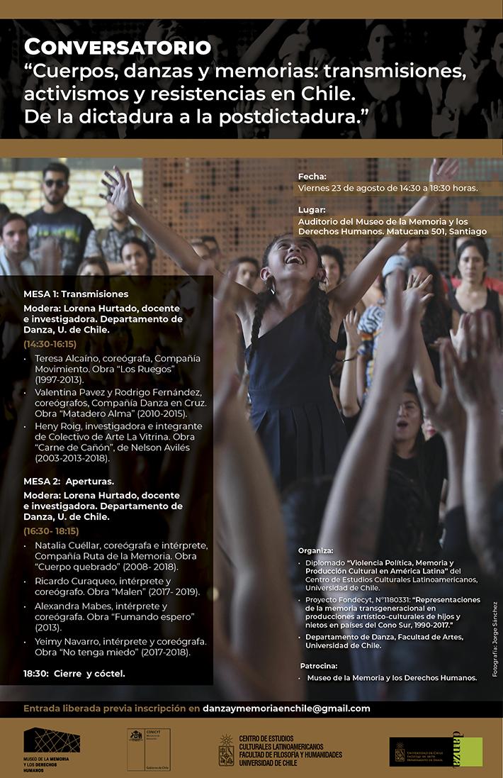 El conversatorio "Cuerpos, danzas y memoria: política, activismos y resistencias en Chile. De la dictadura a la postdictadura" se realizará el viernes 23 de agosto de 14:30 a las 18:30 horas.